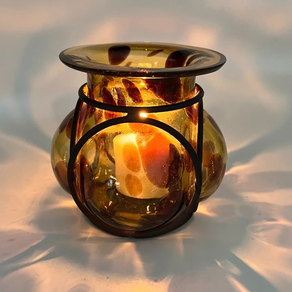 Vtg Handblown Caged Art Glass Candle Holder Vase Brutalist Wrought Iron Mexico - Picture 2 of 12